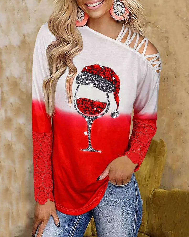 Christmas Wine Glass Print Contrast Lace Cold Shoulder Top