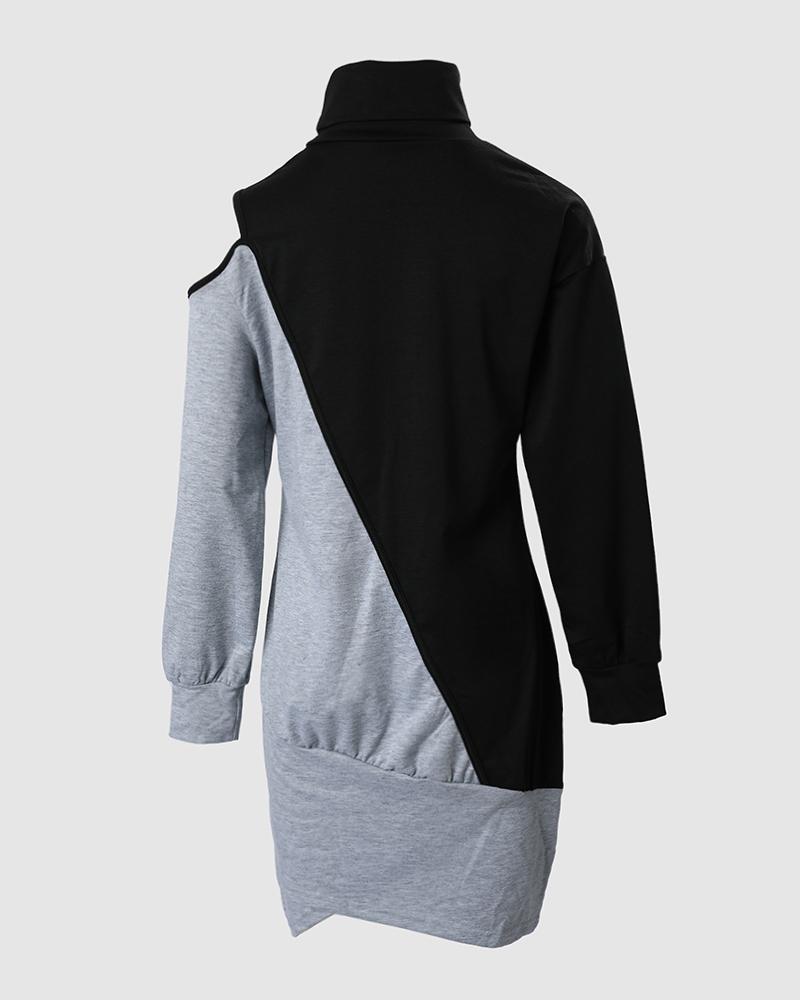 Colorblock Buttoned Long Sleeve Wrap Casual Dress