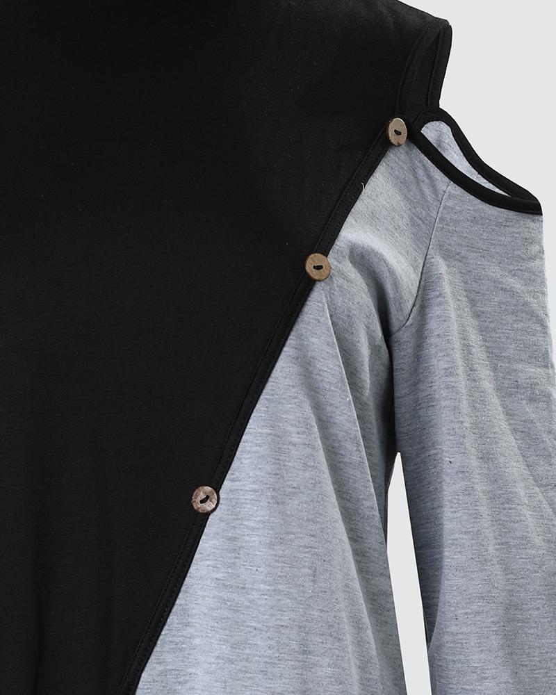 Colorblock Buttoned Long Sleeve Wrap Casual Dress