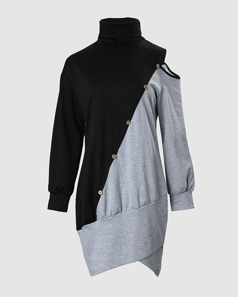 Colorblock Buttoned Long Sleeve Wrap Casual Dress