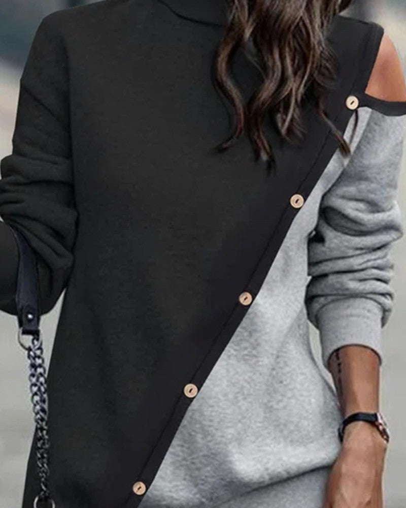 Colorblock Buttoned Long Sleeve Wrap Casual Dress