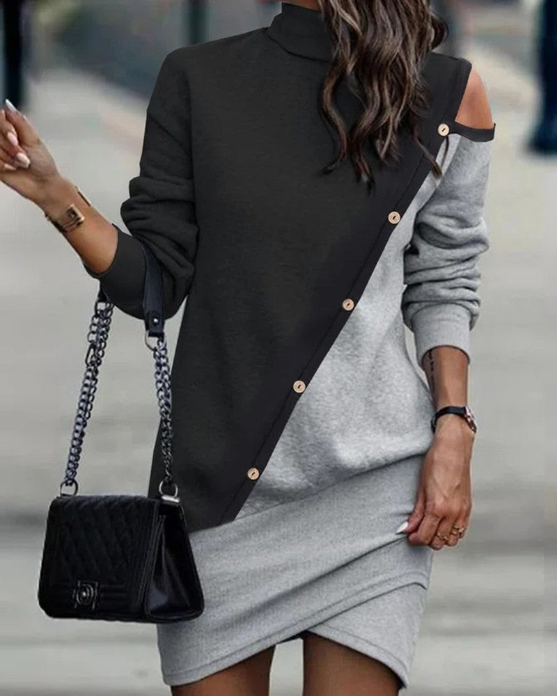 Colorblock Buttoned Long Sleeve Wrap Casual Dress
