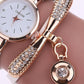 Minimalist PU Leather Rhinestone Quartz Wrist Watch & Bracelet Set