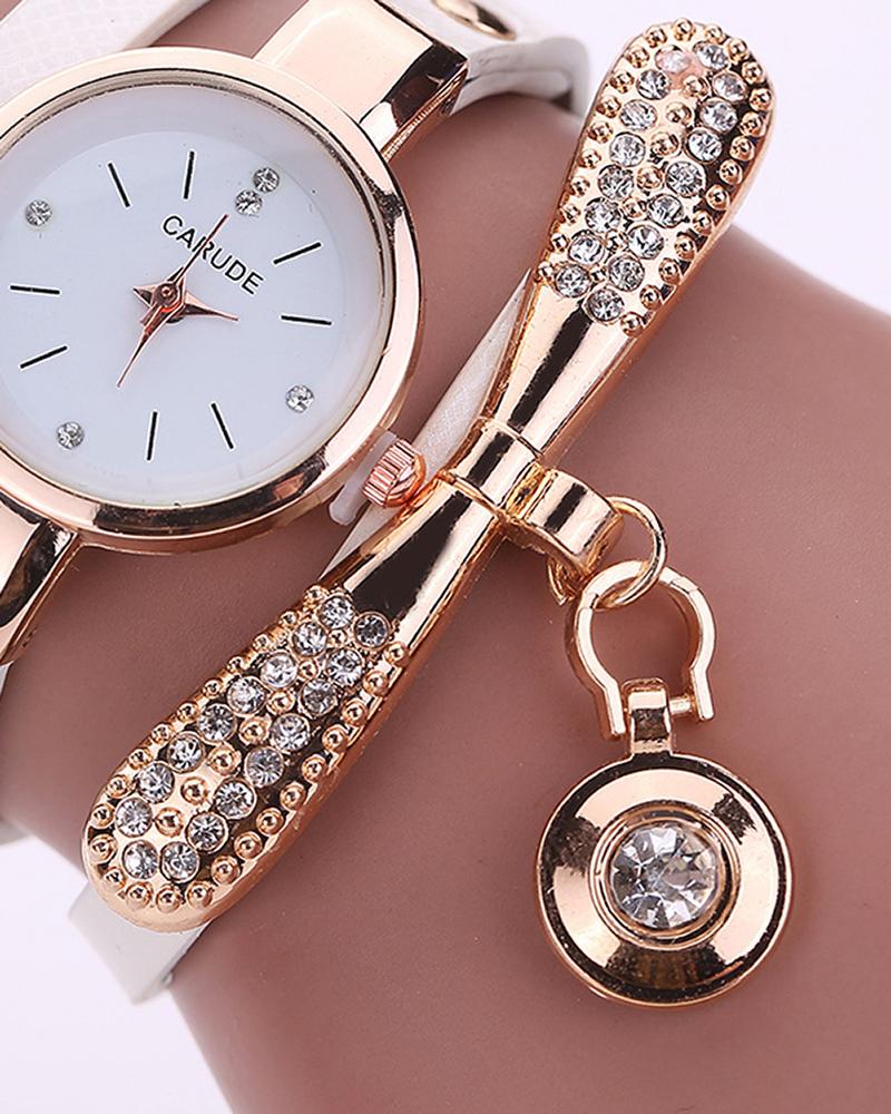 Minimalist PU Leather Rhinestone Quartz Wrist Watch & Bracelet Set
