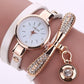 Minimalist PU Leather Rhinestone Quartz Wrist Watch & Bracelet Set