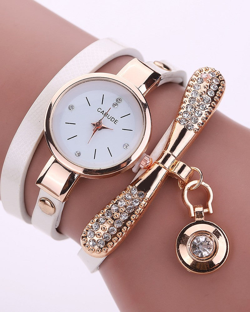 Minimalist PU Leather Rhinestone Quartz Wrist Watch & Bracelet Set