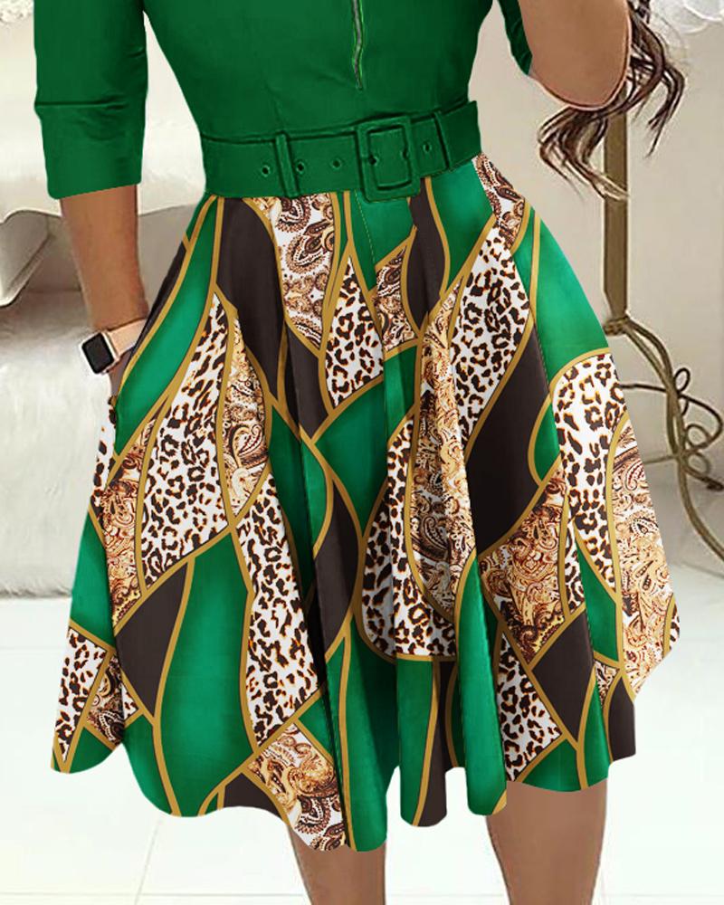 Baroque Leopard Print Colorblock Zipper Design Casual Dress With Belt