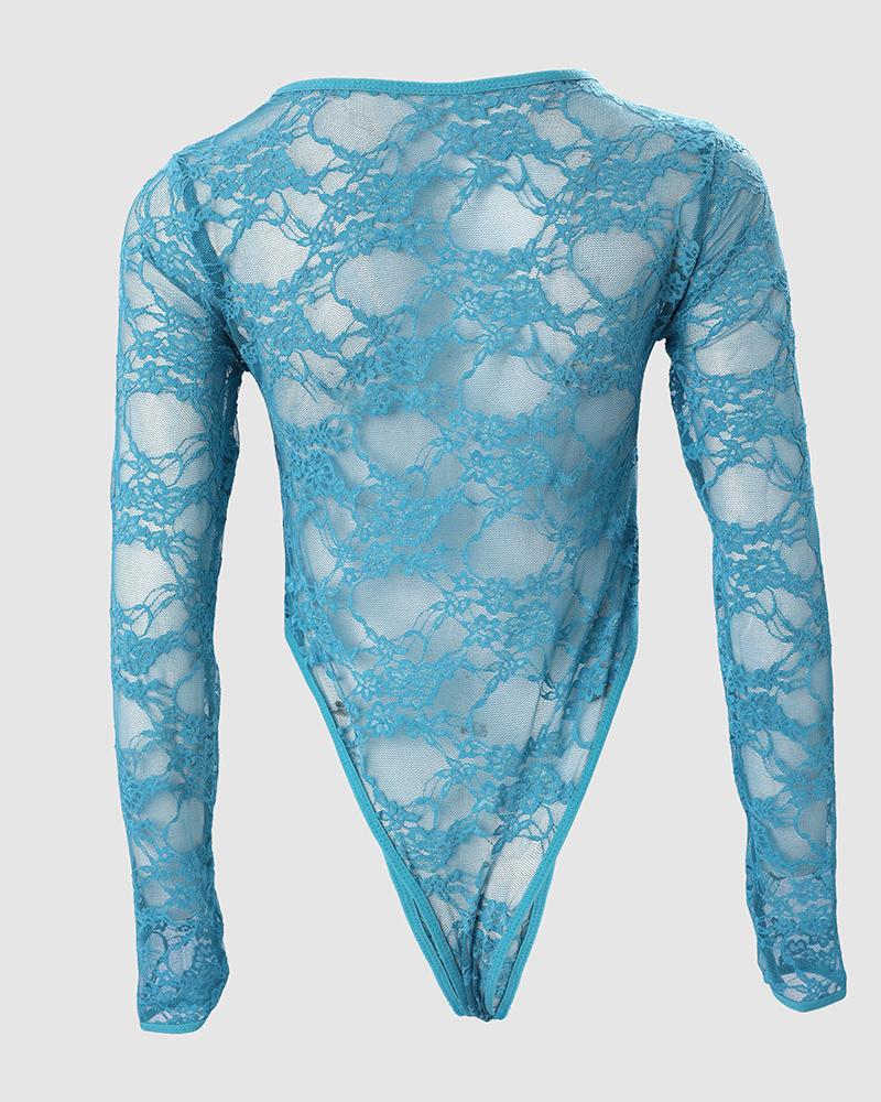 Long Sleeve See Through Lace Teddy
