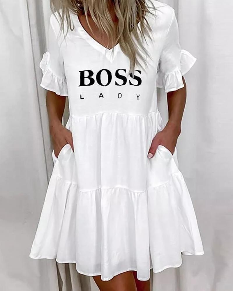 Letter Print Bell Sleeve Ruffles Casual Dress