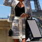 Houndstooth Buttoned Pocket Design Coat & High Waist Skirt Set