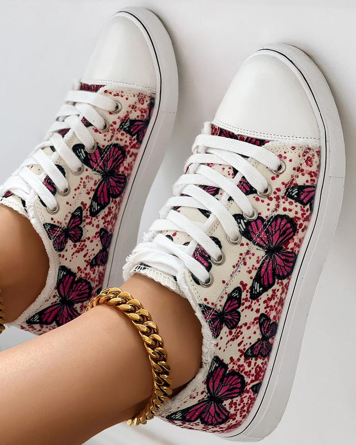 Butterfly Embroidery Raw Hem Lace up Sneakers
