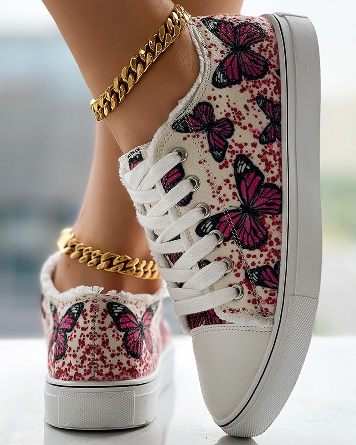 Butterfly Embroidery Raw Hem Lace up Sneakers