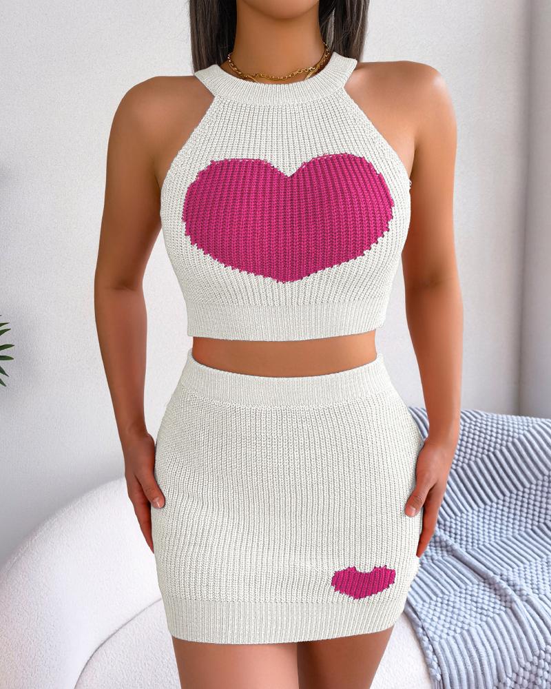 Heart Pattern Tank Top & High Waist Skirt Set
