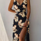 Leaf Print Spaghetti Strap Slit Dress