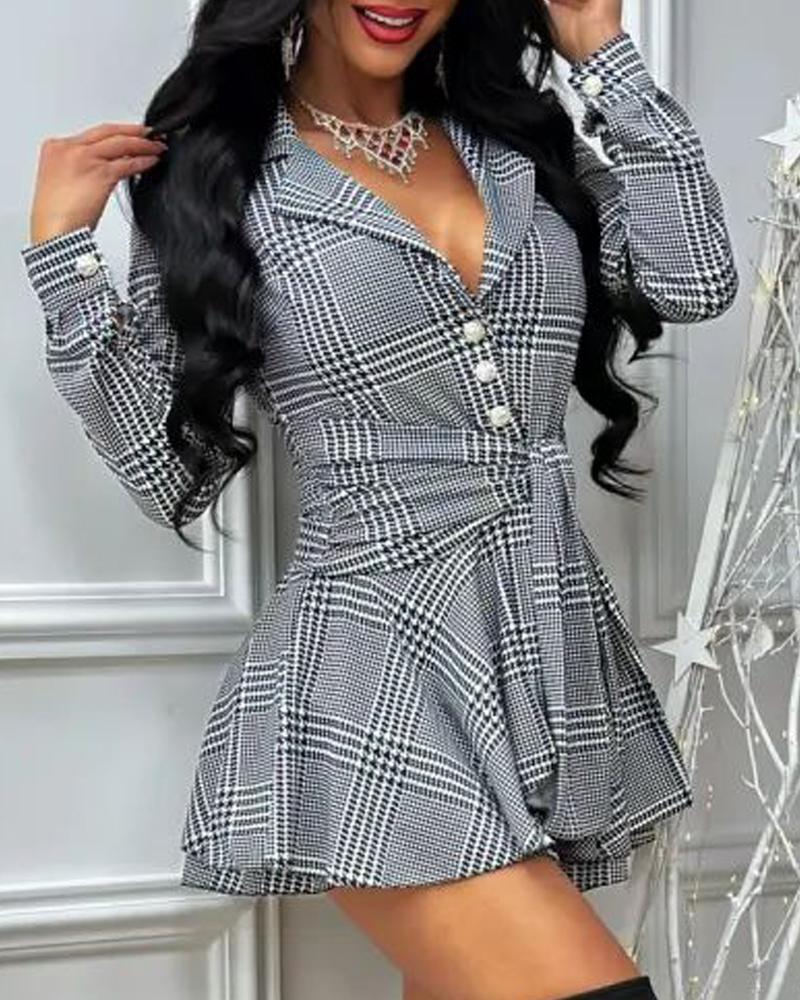 Houndstooth Print Tied Detail Romper