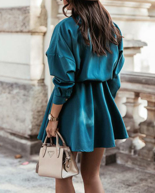 Button Front Drawstring Long Sleeve Dress