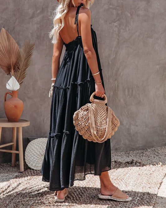 Tied Detail Spaghetti Strap Frill Hem Casual Dress