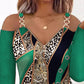 Scarf Leopard Print Zip Detail Cold Shoulder Top