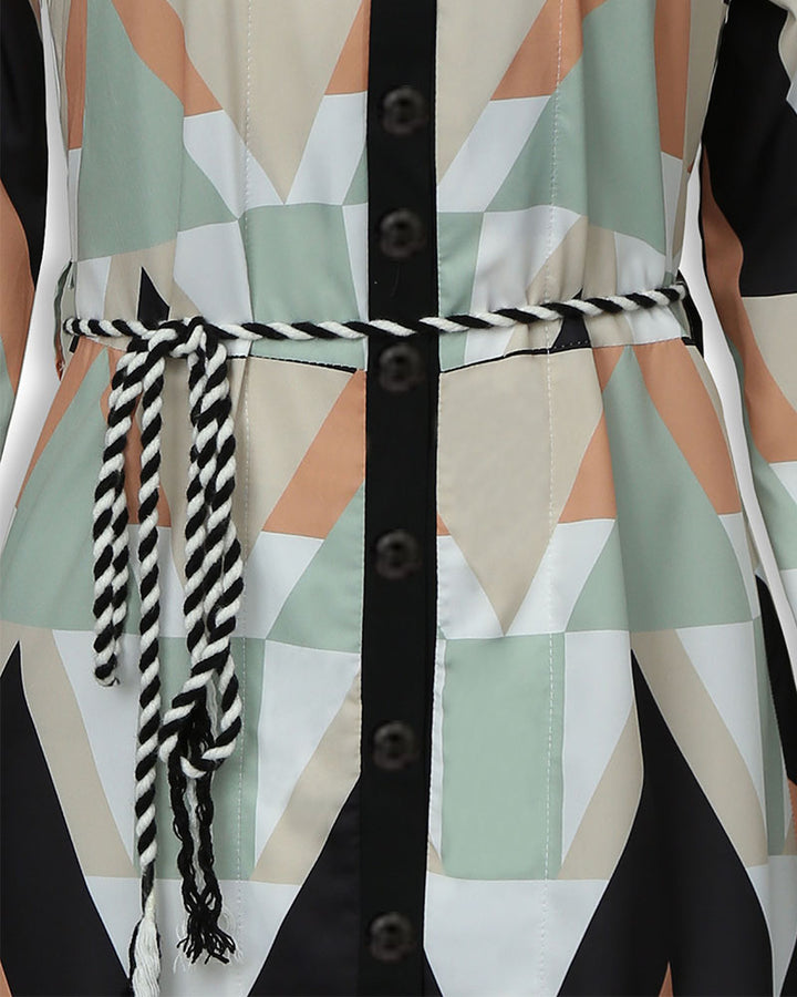 Geo Print Long Sleeve Asymmetrical Shirt Dress