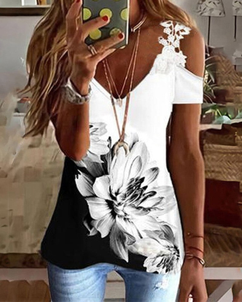 Floral Print Colorblock Lace Patch Cold Shoulder Top