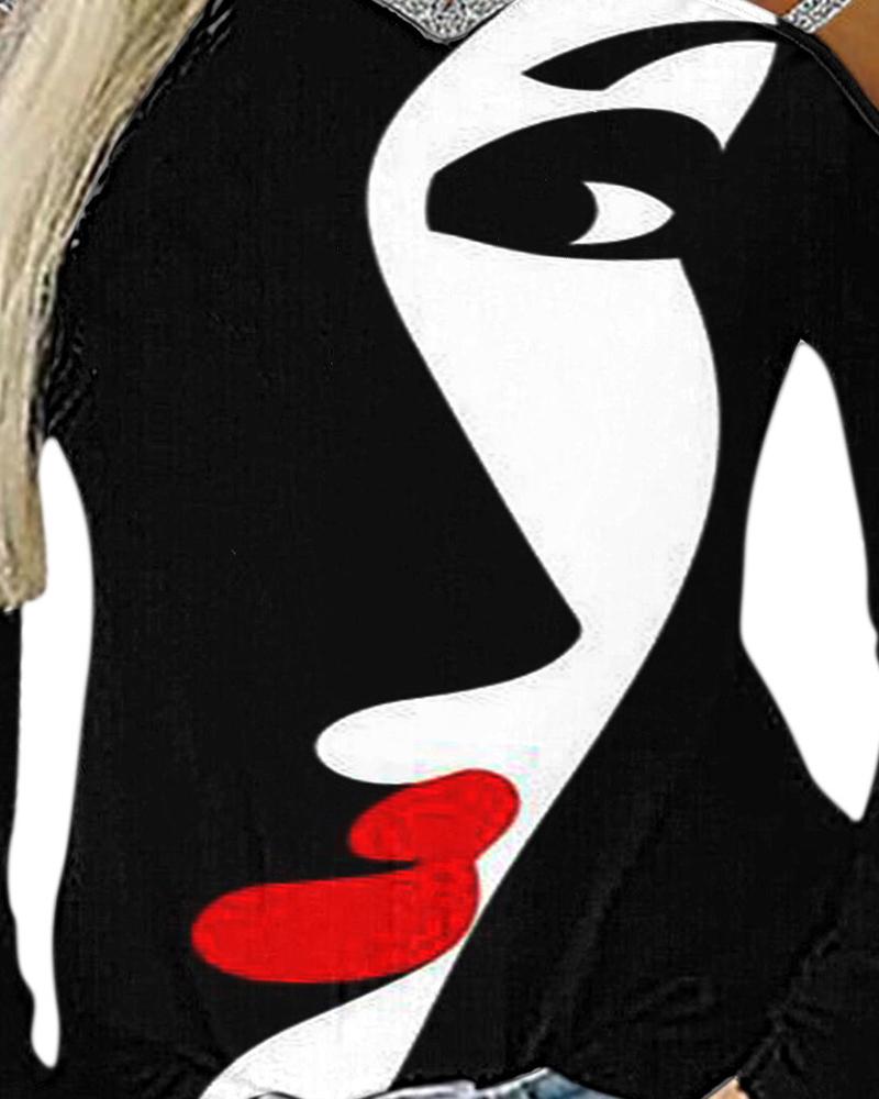 Figure Print Cold Shoulder Glitter Top