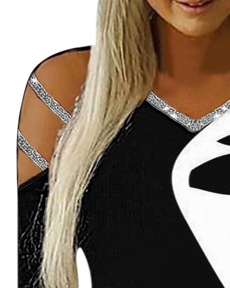 Figure Print Cold Shoulder Glitter Top