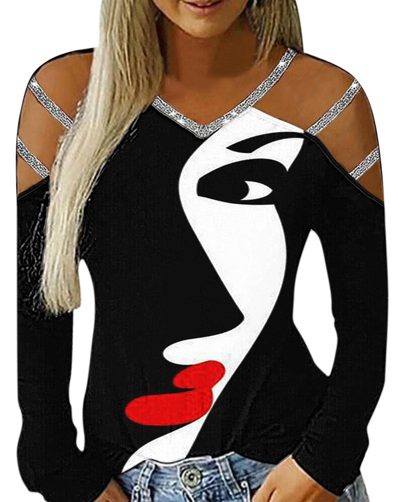 Figure Print Cold Shoulder Glitter Top