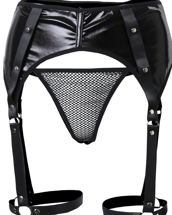 Contrast Fishnet PU Leather Garter Lingerie Set