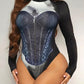 Denim Look Print Colorblock Long Sleeve Bodysuit