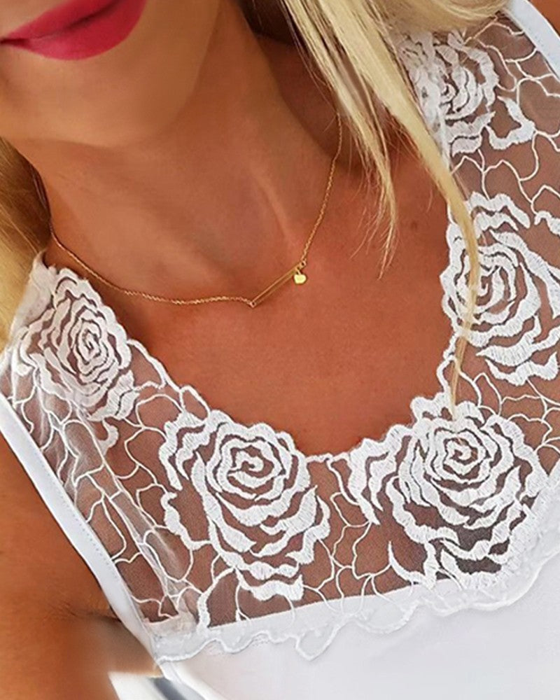 Rose Pattern Contrast Lace Tank Top