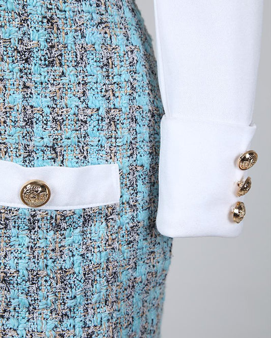 Long Sleeve Buttoned Tweed Bodycon Dress