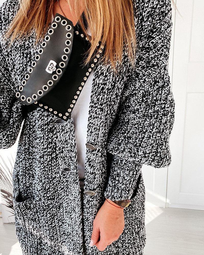 Color Block Chunky Knit Lantern Sleeve Longline Knit Cardigan