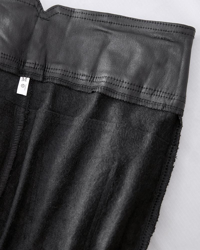 PU Leather Button Design Fleece Lined Pants