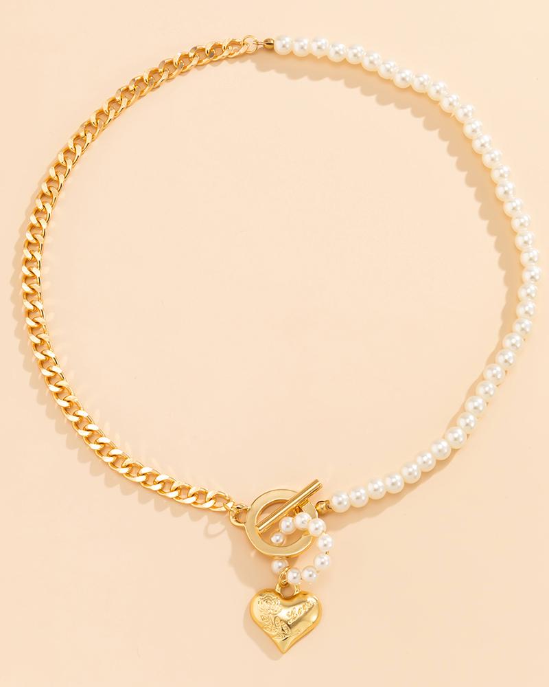 1pc Pearls Decor OT Toggle Heart Pendant Necklace