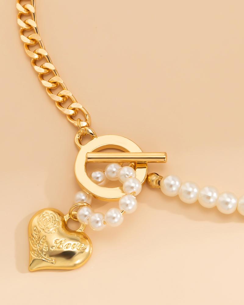 1pc Pearls Decor OT Toggle Heart Pendant Necklace