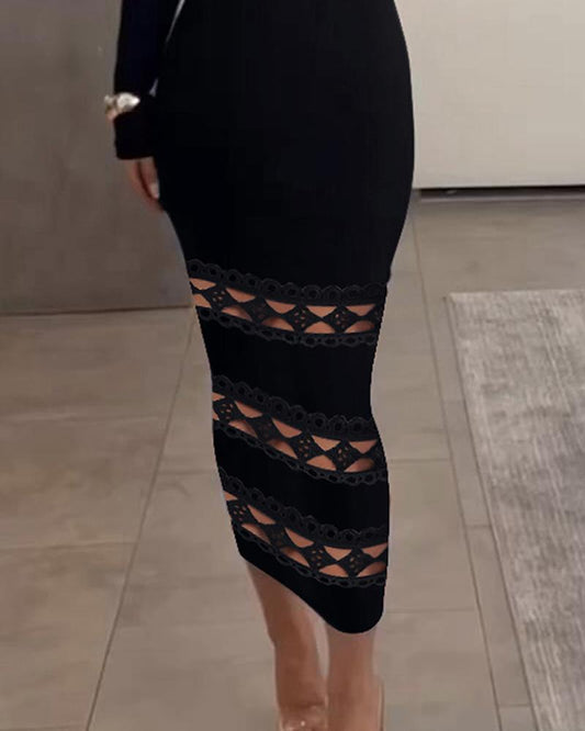 Off Shoulder Lace Patch Long Sleeve Midi Dress