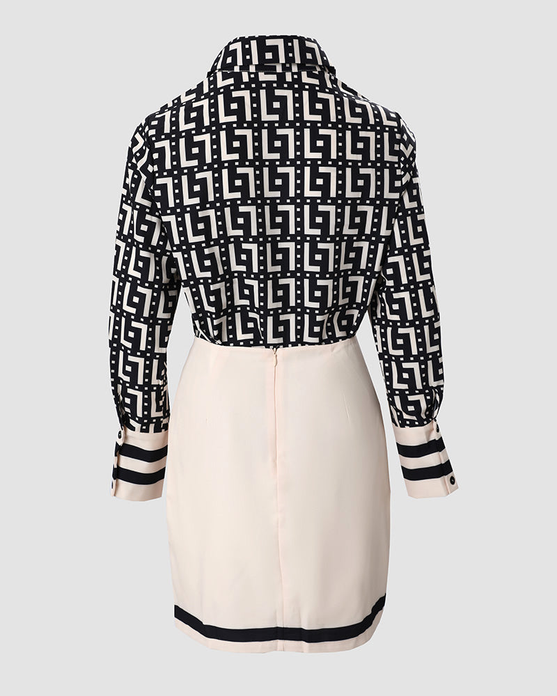 Geometric Print Long Sleeve Button Down Shirt & Skirt Set