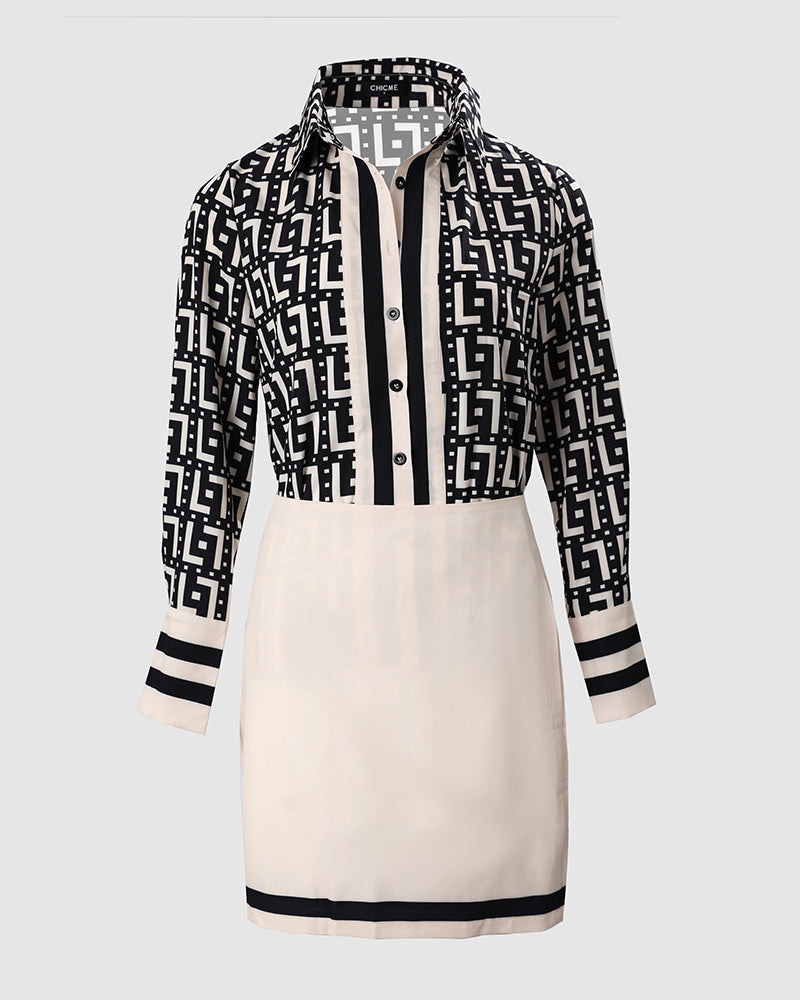 Geometric Print Long Sleeve Button Down Shirt & Skirt Set