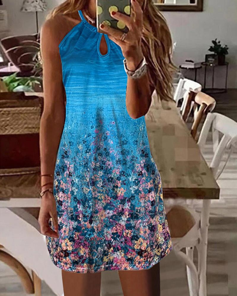 Floral Print Ombre Keyhole Neck Casual Dress