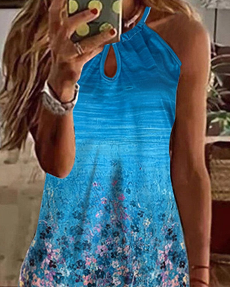 Floral Print Ombre Keyhole Neck Casual Dress