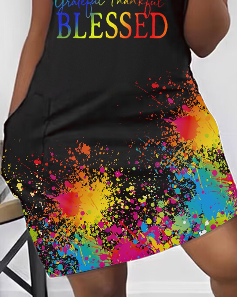 Plus Size Grateful Thankful Blessed Ink Splash Print Casual Dress
