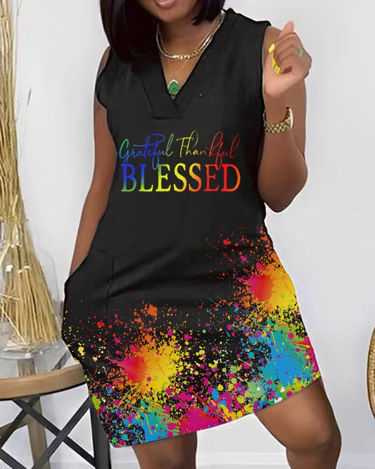 Plus Size Grateful Thankful Blessed Ink Splash Print Casual Dress