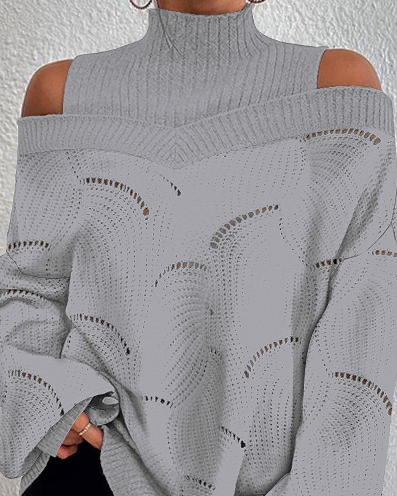 Cold Shoulder Lantern Sleeve Hollow Out Knit Sweater