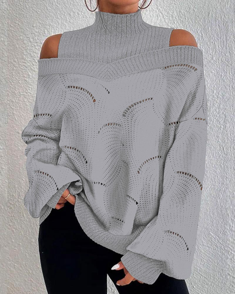 Cold Shoulder Lantern Sleeve Hollow Out Knit Sweater