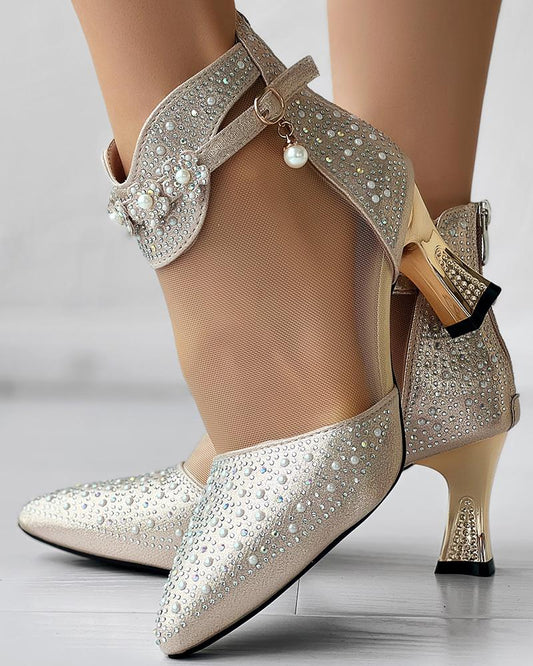 Beaded Rhinestone Mesh Patchwork Pyramid Heel Ankle Boots