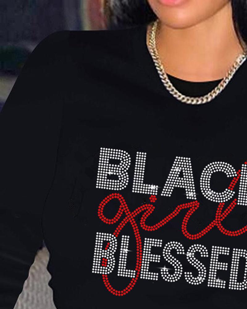 Rhinestone Letter Pattern Long Sleeve Casual Top