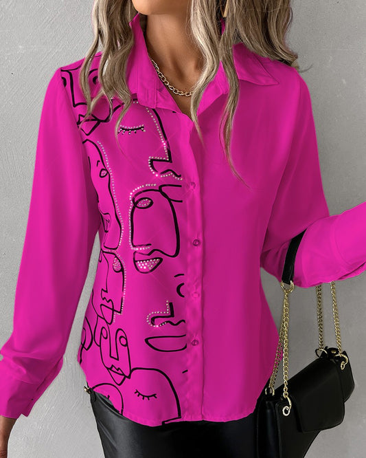 Colorblock Figure Print Rhinestone Decor Top