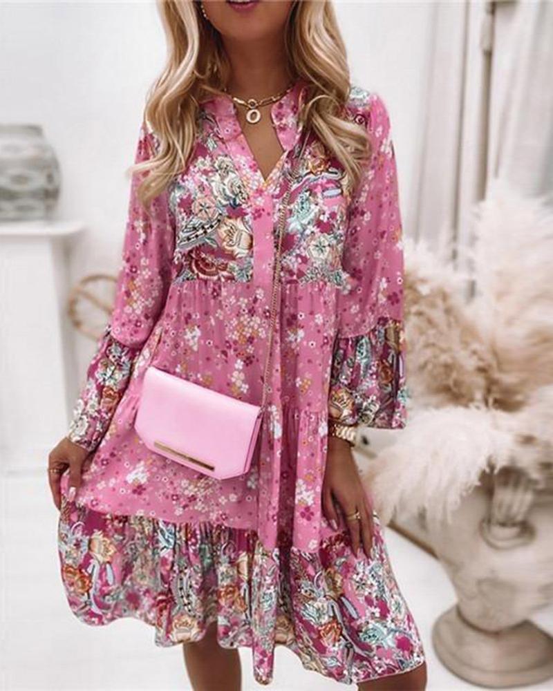 Ditsy Floral Paisley Print Bell Sleeve Casual Dress