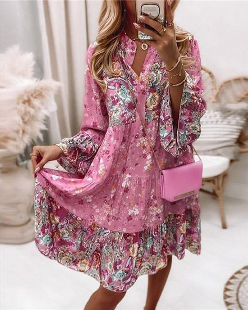 Ditsy Floral Paisley Print Bell Sleeve Casual Dress