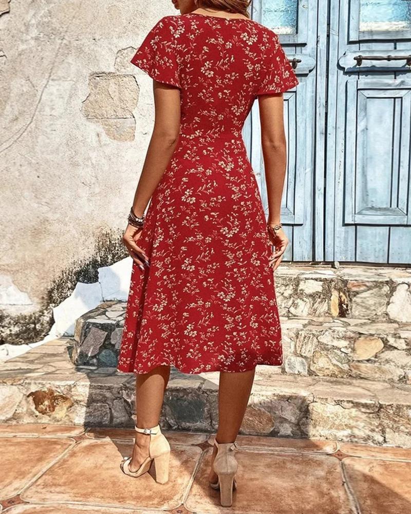 Ditsy Floral Print Slit Casual Dress